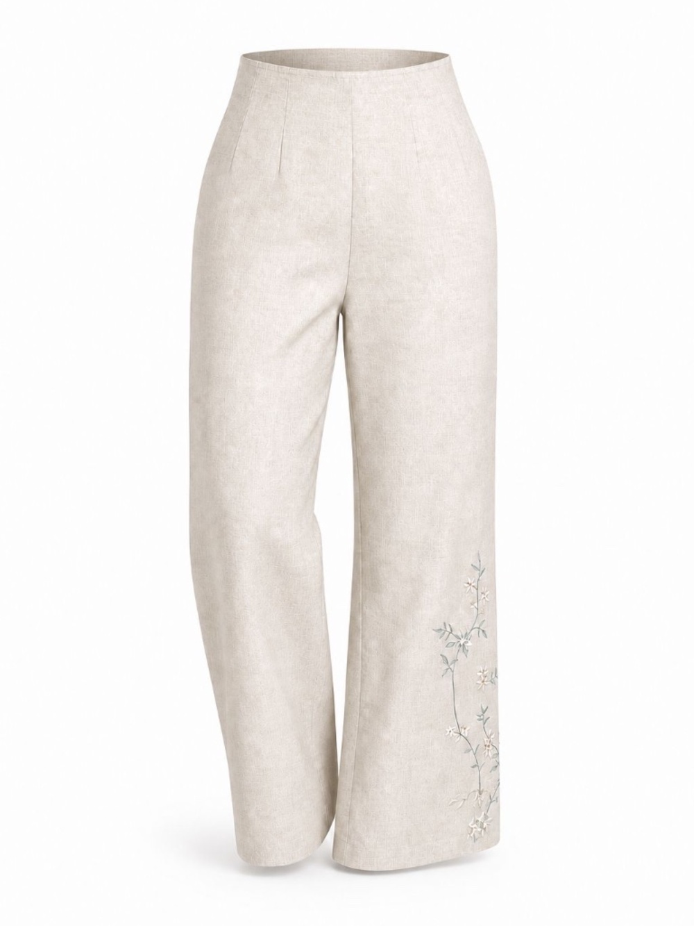 100% Linen Vintage Donna Morgan Light Beige Wide-Leg Embroidered Trousers